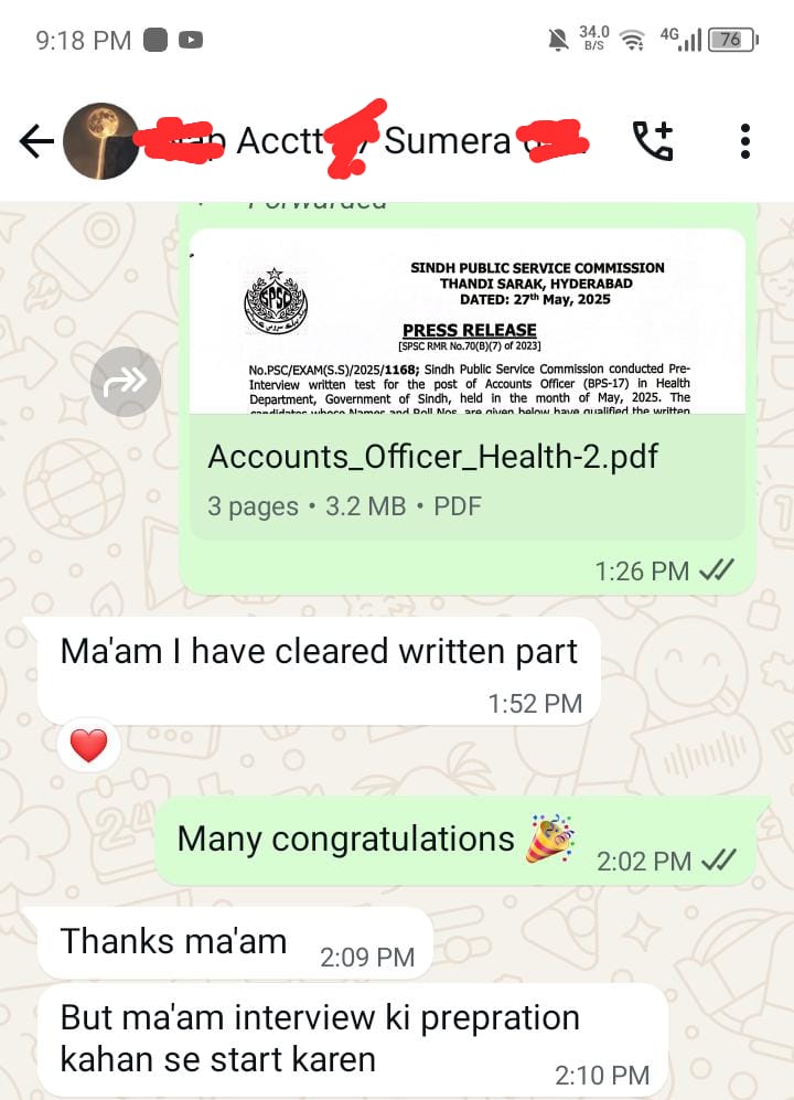 Message or result shared by a successful candidate of Prof. Rasheed Mirani Academy (14 of 22)