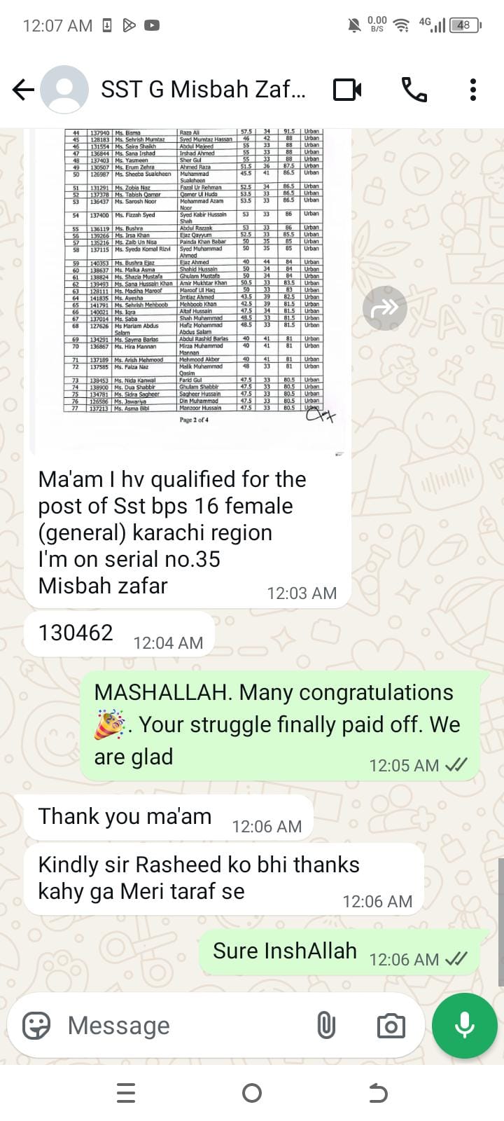 Message or result shared by a successful candidate of Prof. Rasheed Mirani Academy (16 of 22)