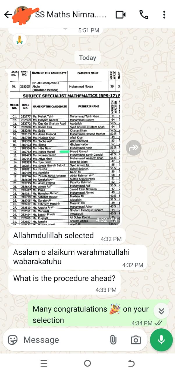 Message or result shared by a successful candidate of Prof. Rasheed Mirani Academy (18 of 22)