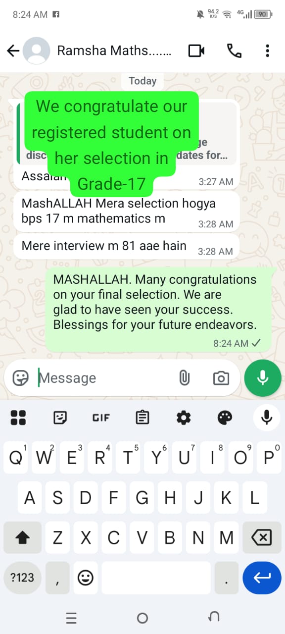 Message or result shared by a successful candidate of Prof. Rasheed Mirani Academy (20 of 22)