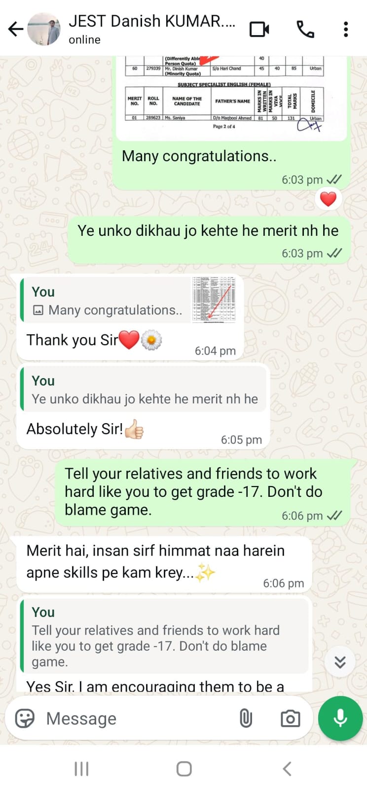 Message or result shared by a successful candidate of Prof. Rasheed Mirani Academy (22 of 22)