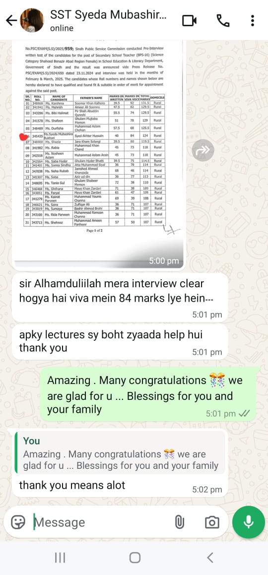 Message or result shared by a successful candidate of Prof. Rasheed Mirani Academy (6 of 22)