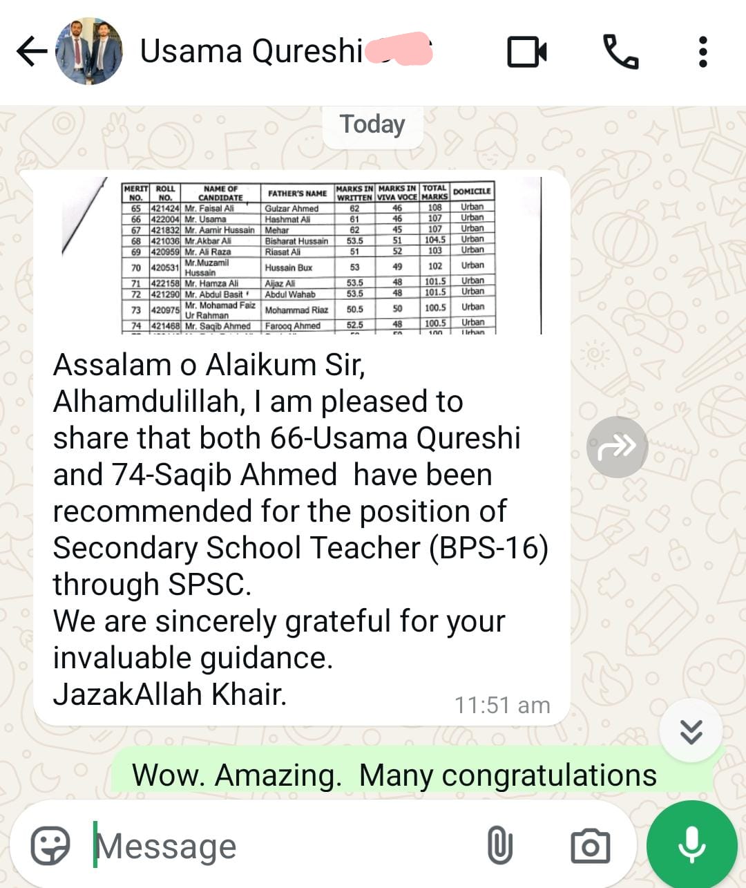 Message or result shared by a successful candidate of Prof. Rasheed Mirani Academy (9 of 22)